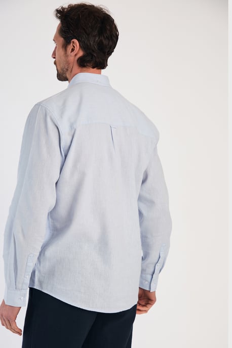 Blue Linen Blend Long Sleeve Button-Up Shirt With Chest Pocket