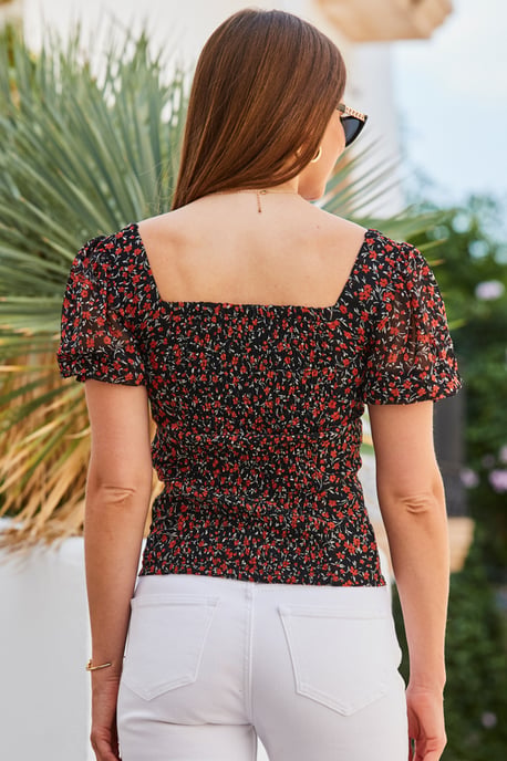 Black Ditsy Floral Print Sweetheart Neckline Top