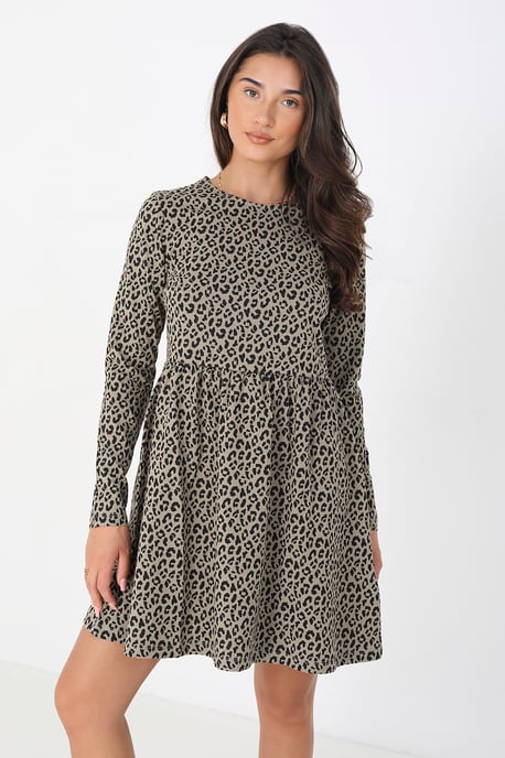 Light Grey Cotton 'Sadie' Animal Print Long Sleeve Mini Smock Dress
