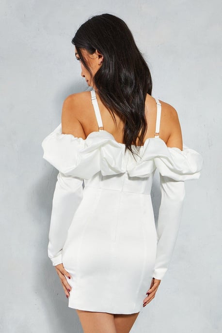 Frill Sleeve Bardot Strap Detail Bodycon Mini Dress
