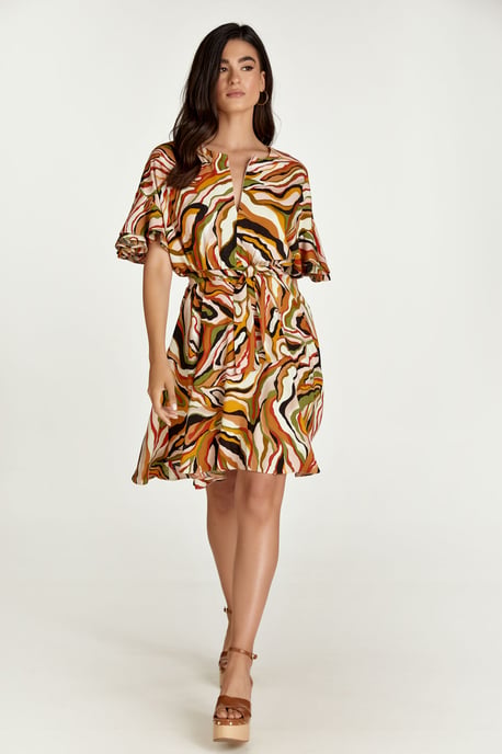 Ziegelfarbenes Printkleid mit Rüschenärmeln - Image 1