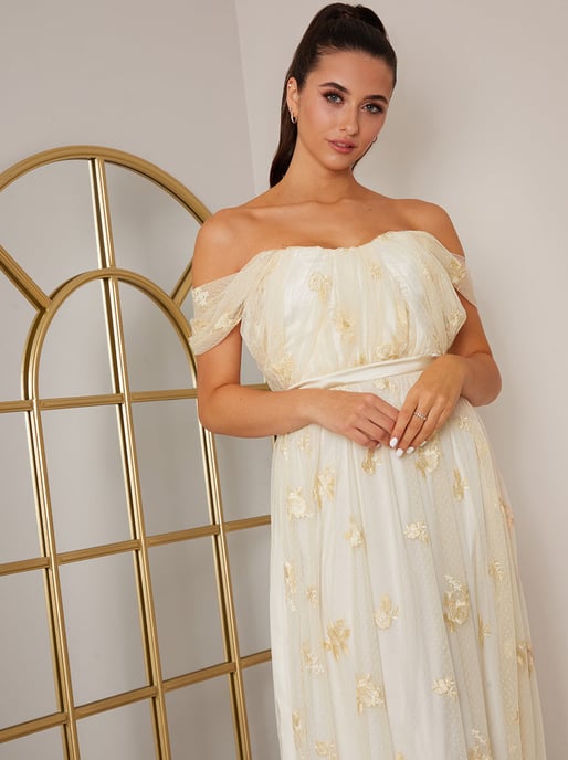 Bardot Embroidered Floral Dobby Lace Maxi Dress in Cream