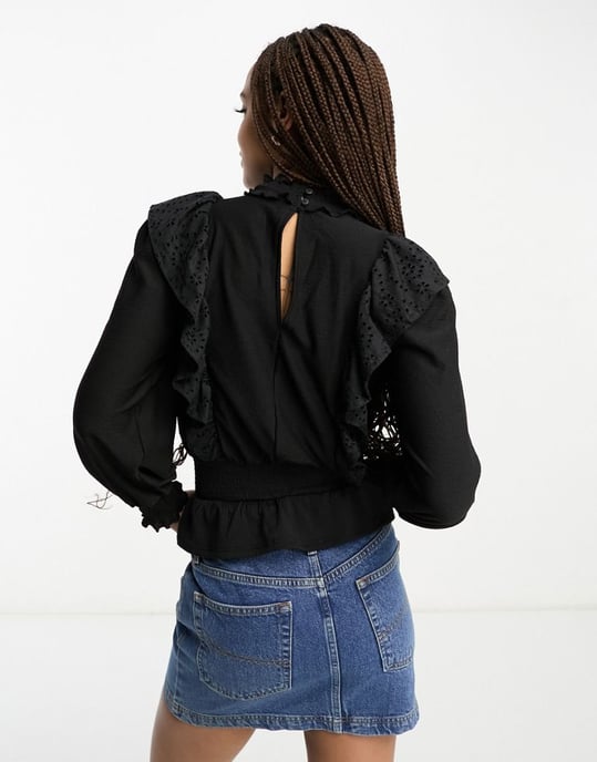 Miss Selfridge long sleeve cutwork frill top-Black