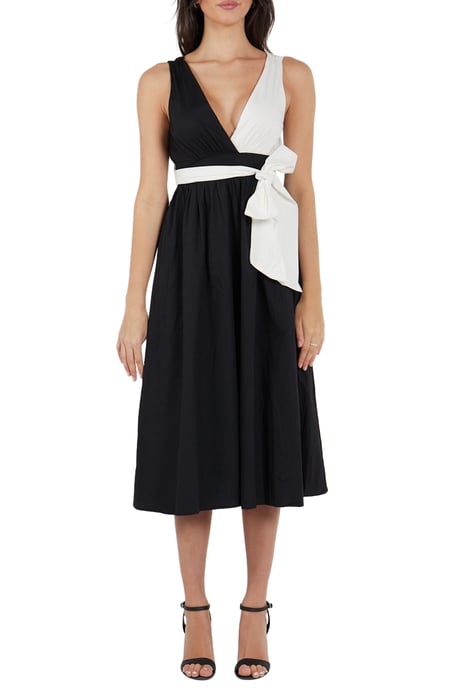 Schwarzes Midikleid aus Popeline mit kontrastierender weißer Taille - Image 6