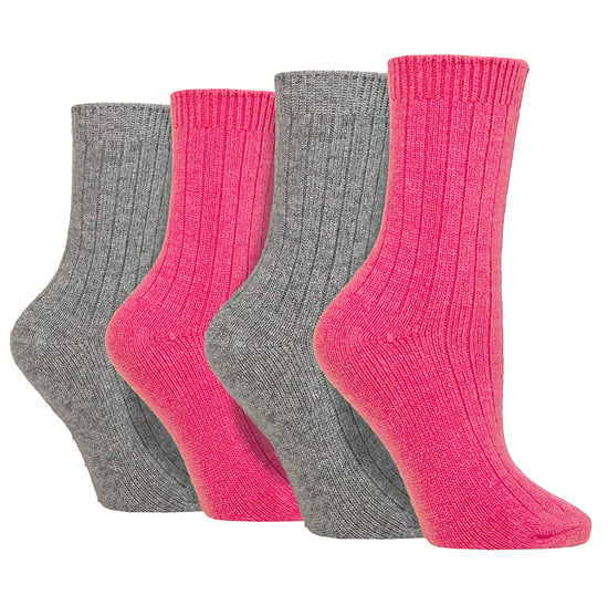 4er-Pack Damen Kaschmir-Stiefelsocken | Wildfeet | Gerippte Crew Wollbettsocken - Rosa/Grau - Image 1