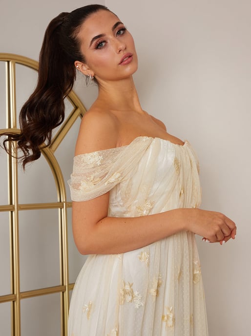 Bardot Embroidered Floral Dobby Lace Maxi Dress in Cream