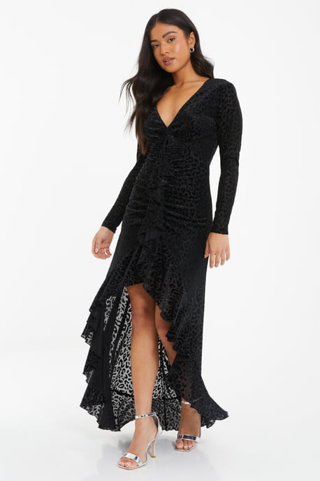 Petite Black Animal Print Velvet Ruffle Maxi Dress