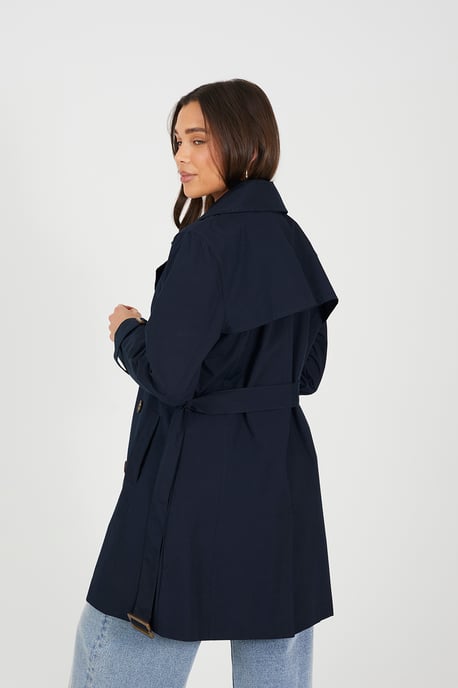 Navy Double Breasted Belted Trench Coat