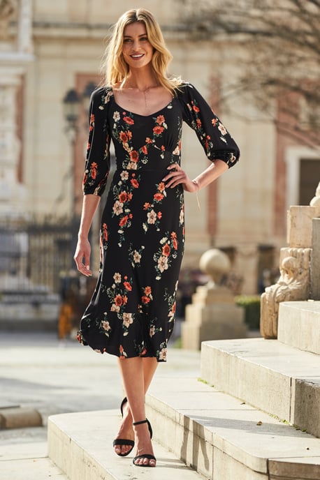 Black Floral Print Sweetheart Neckline Midi Dress