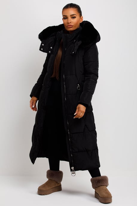 Jess Women’s Long Puffer Coat with Faux Fur Hood & Zip Pockets