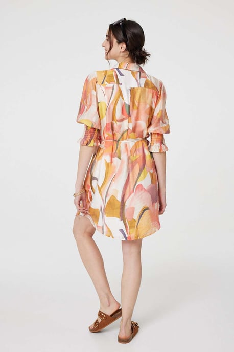 Orange Printed 3/4 Puff Sleeve Shirt Dress