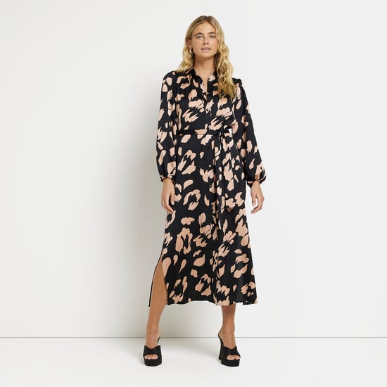 River Island Womens Midi Shirt Dress Black Satin Animal Print