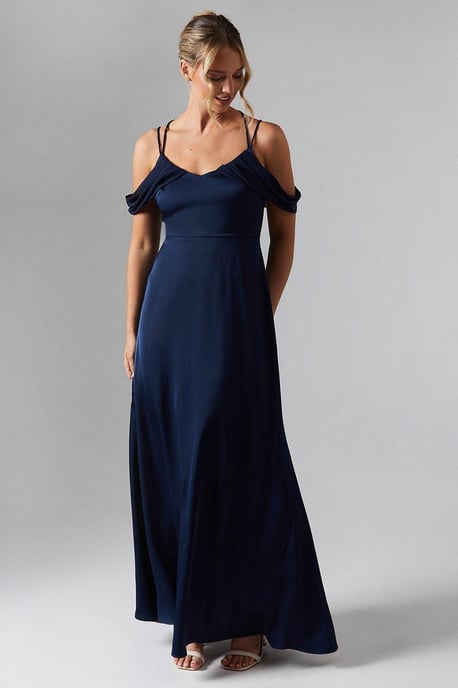 Wrap Cold Shoulder Strappy Satin Bridesmaids Dress