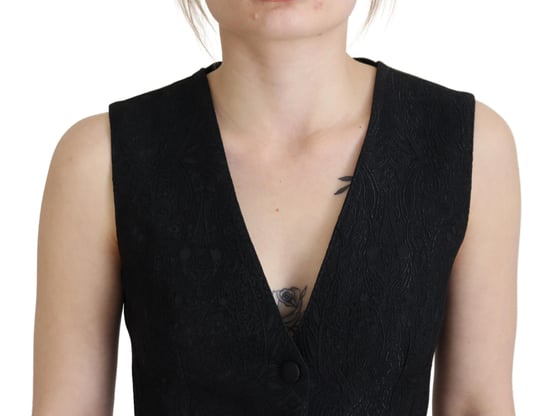 Dolce & Gabbana Damen Schwarze Brokat Knopf-Boden Ärmellose Weste Top - Image 4
