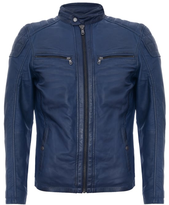 Vintage quilted navy blue leather racing bike jacket with zipper