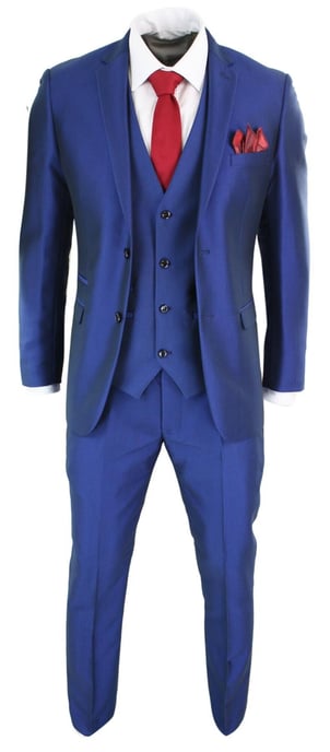 Herren 3-teiliges glänzendes royalblaues klassisches Anzugset - Image 3