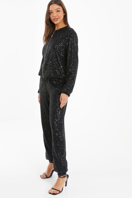 Black Sequin Bomber Jacket
