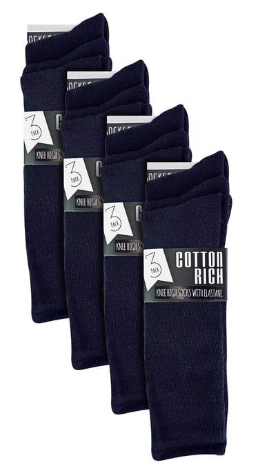 12 Paar Multipack Mädchen Kniestrümpfe | Atmungsaktive lange Baumwolle Schule Socken | Farboption - Grau, Schwarz, Weiß, Blau - Blau - Image 2