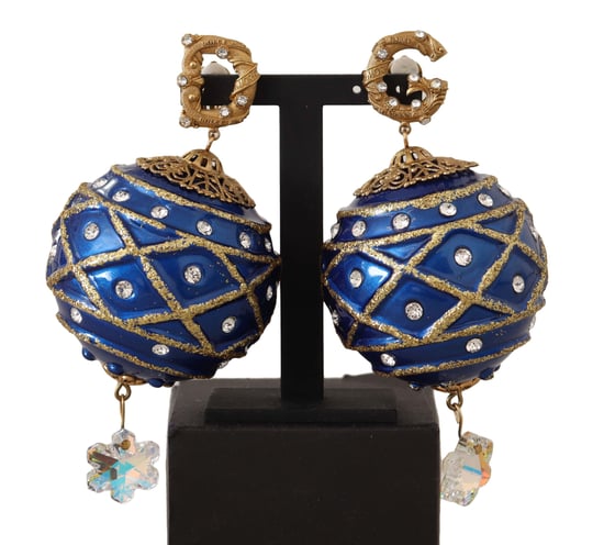 Dolce & Gabbana Gold Brass Blue Christmas Ball Crystal Clip sur les boucles d'oreilles pour femmes - Image 1