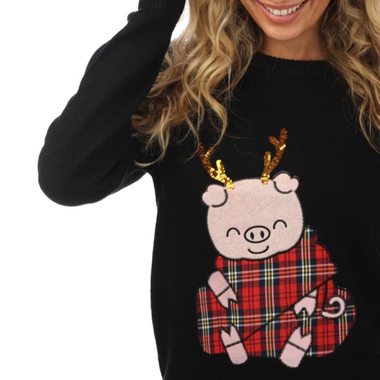 Women's Brave Soul Pig Christmas Jumper in Black