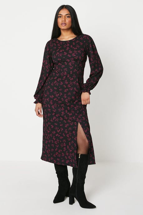 Petite Black Ditsy Shirred Cuff Midi Dress