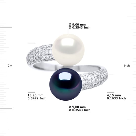 Ring YOU AND ME 2 Freshwater Pearls 9-10 mm White and Black Jewelry 925