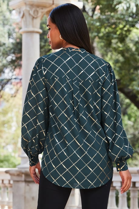 Green & Gold Check Print Chain Lace Up Blouse