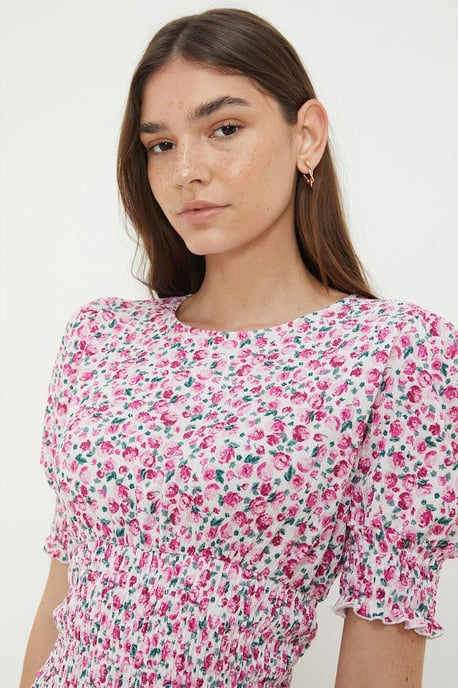 Pink Ditsy Shirred Waist Midi Dress - Image 2