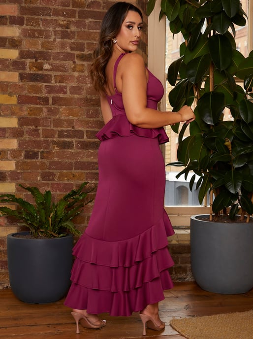 Cami Strap Ruffle Detail Bodycon Midi Dress in Berry