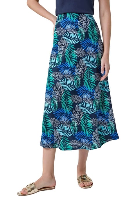 Leaf Print Linen Blend A-Line Skirt
