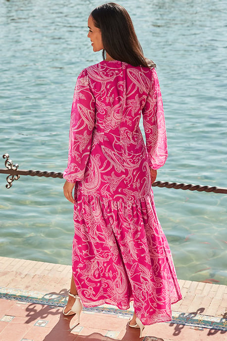 Pink Paisley Print Wrap Maxi Dress