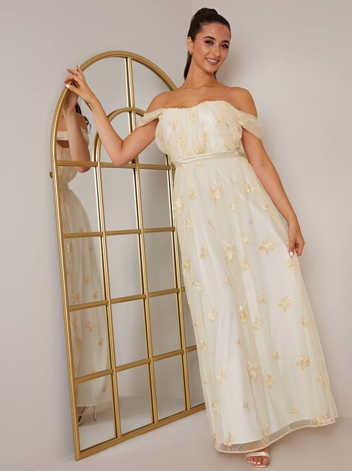 Bardot Embroidered Floral Dobby Lace Maxi Dress in Cream