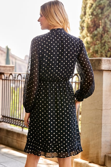 Black & Gold Metallic Spot Print Tie Neck Dress