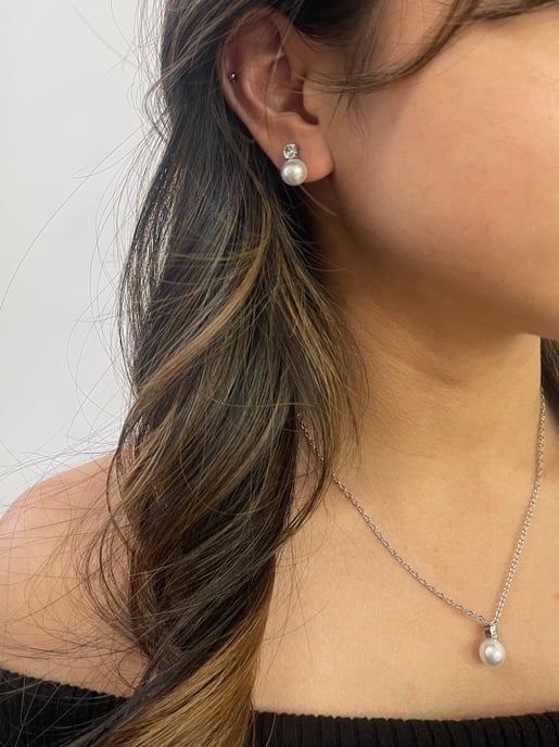 Large Pearl Diamante Earrings & Necklace Set in Silver