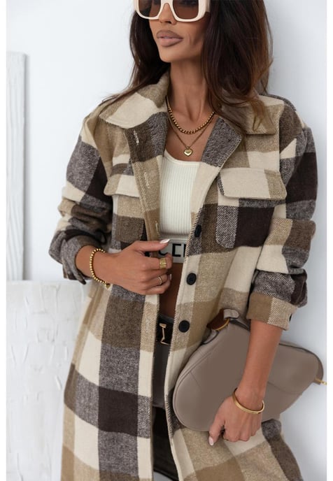 Damen-Shacket mit Karomuster und Button-Down-Muster in Khaki - Image 6