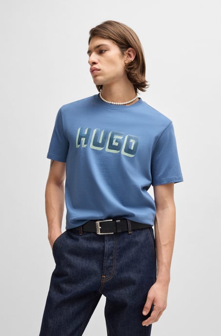 Men's Hugo Logo Print Cotton-Jersey T-Shirt in Blue