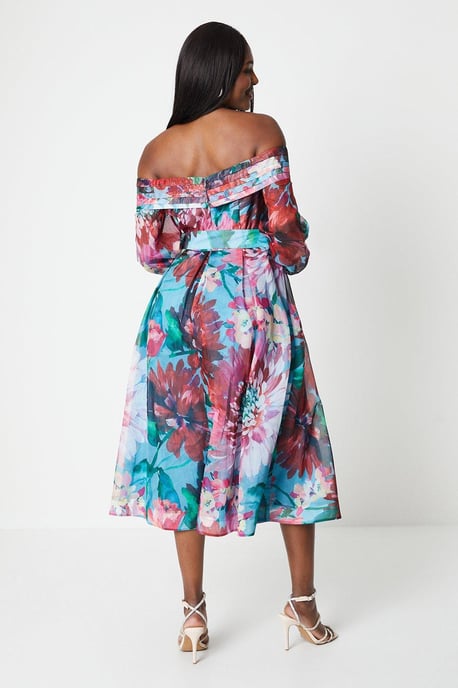 Organza Pleated Bodice Bardot Long Sleeve Midi Dress