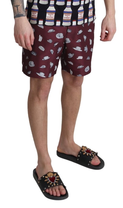 Dolce & Gabbana Men's Maroon Hats Print Beachwear Shorts Swimwear - Image 4