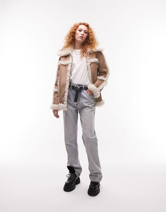 Topshop faux leather mid length 70s style car coat in tan-Brown