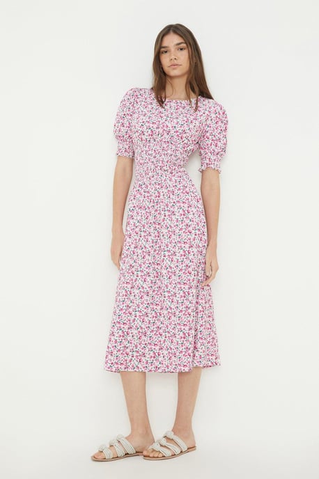 Pink Ditsy Shirred Waist Midi Dress - Image 4