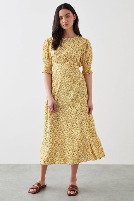 Petite Yellow Ditsy Shirred Cuff Midi Dress - Image 2