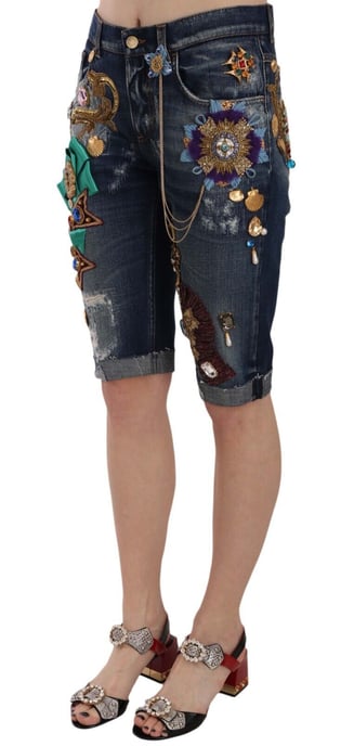 Dolce & Gabbana Damen Blue Denim Mid Waist Crystal Capri-Shorts - Image 3