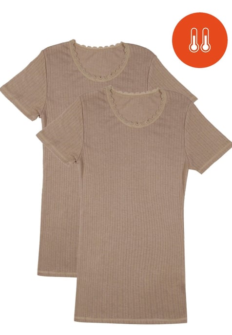 Damen 2er Pack Thermal Pointelle Kurzarm Tops in Beige - Image 1