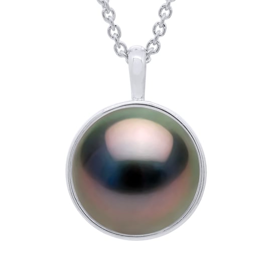 Necklace Beaded Pendant Yellow Gold Surroundings covered with Diamonds - Real Cultured Tahiti Pearl Round 10-11 mm