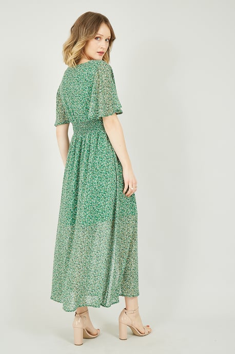 Yumi Green Ditsy Print Ruched Maxi Dress