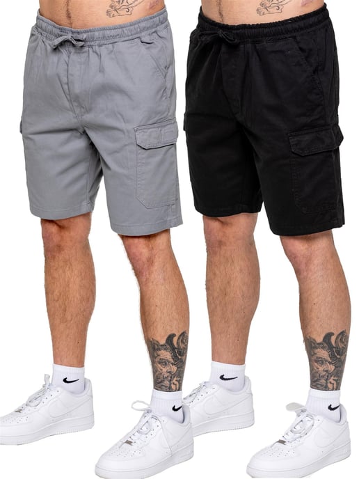 Kruze | 2 Pack Mens Cargo Shorts - BLK/LTGREY
