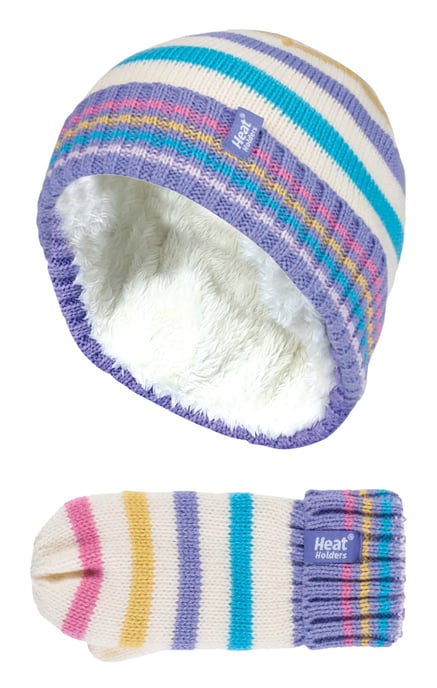 Wärmehalter - Kinder Mädchen Fleece gefüttert gestrickt gestreift bunt Winter Thermomütze und Handschuhe Set - CS2P11 - Image 1