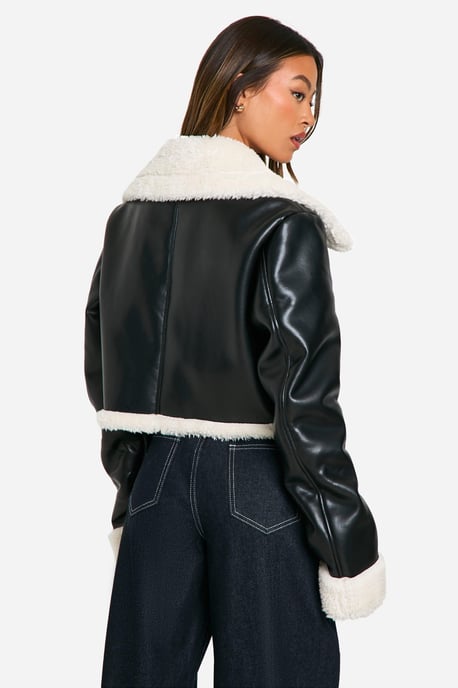 Tall Faux Fur Lined Cropped Leather Jacket - Image 2
