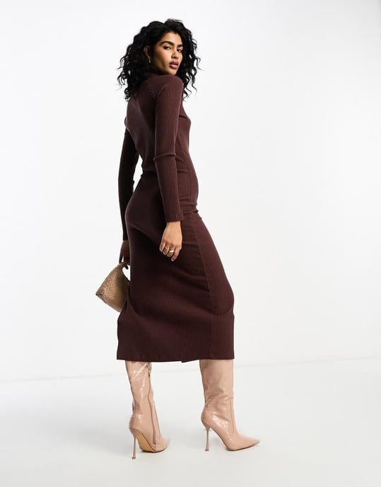 ASOS DESIGN supersoft rib long sleeve fitted midi dress with choker detail in chocolate-Brown