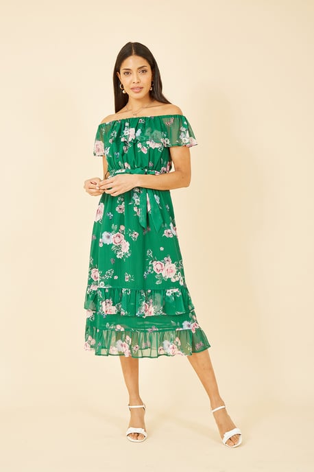 Green Floral Bardot Midi Dress With Frill Hem